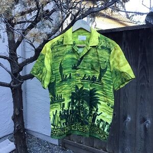 Vintage 60s Hawaiian Casuals Stan Hicks Vintage Aloha Shirt Green Scenic Large